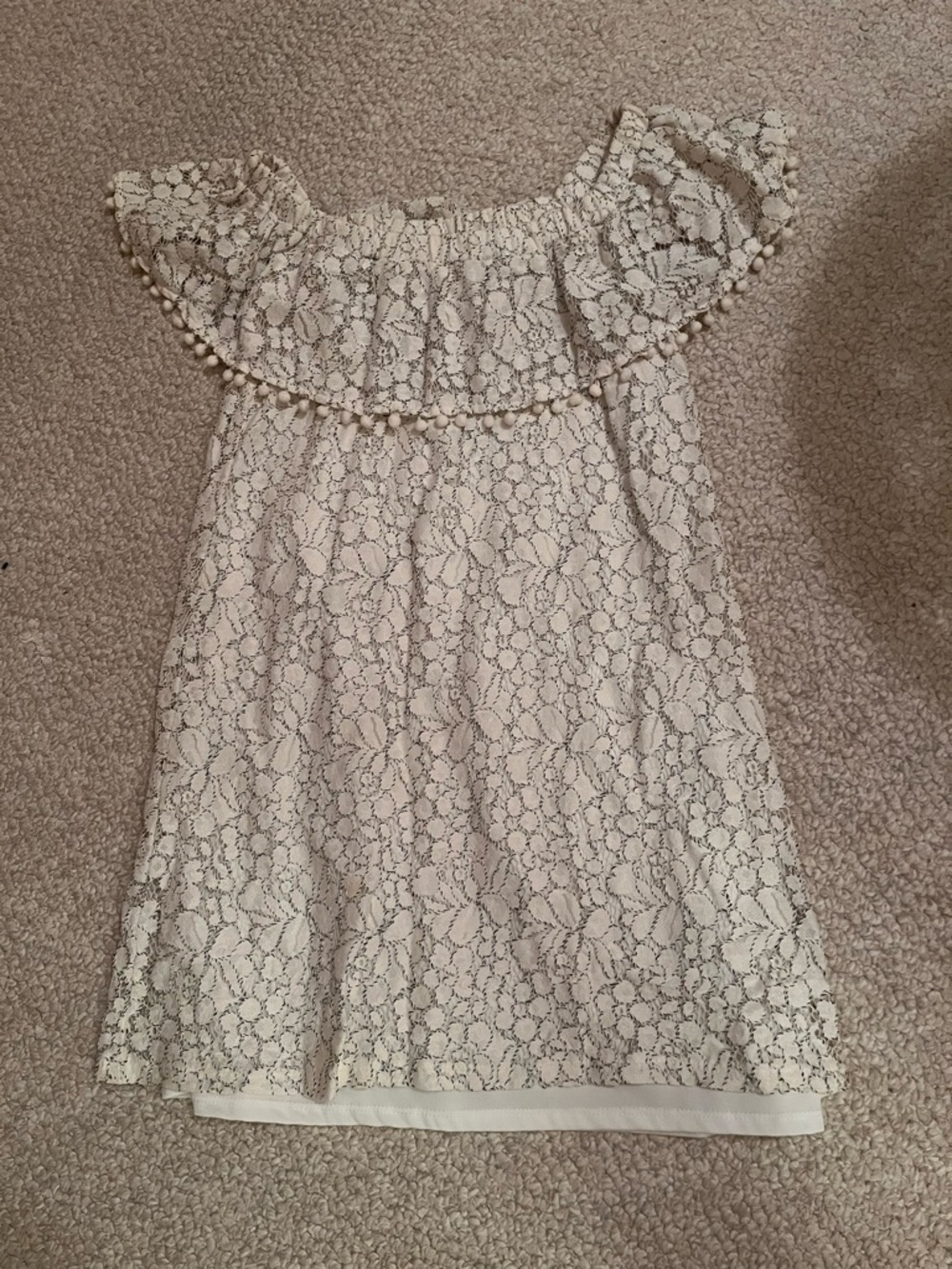 Lily Rose Ivory Lace Off-Shoulder Mini Dress with Pom Trim